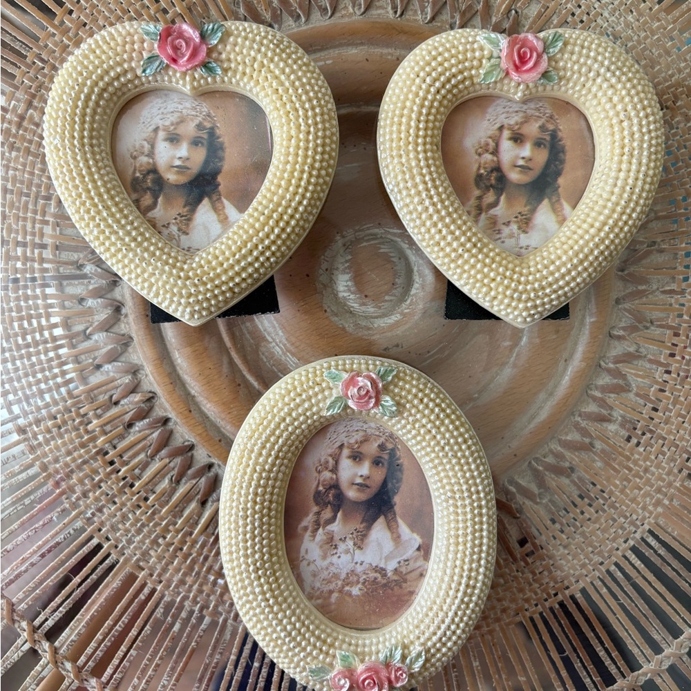 Heart-Shaped Pearl Picture Frame with Floral Accent Vintage